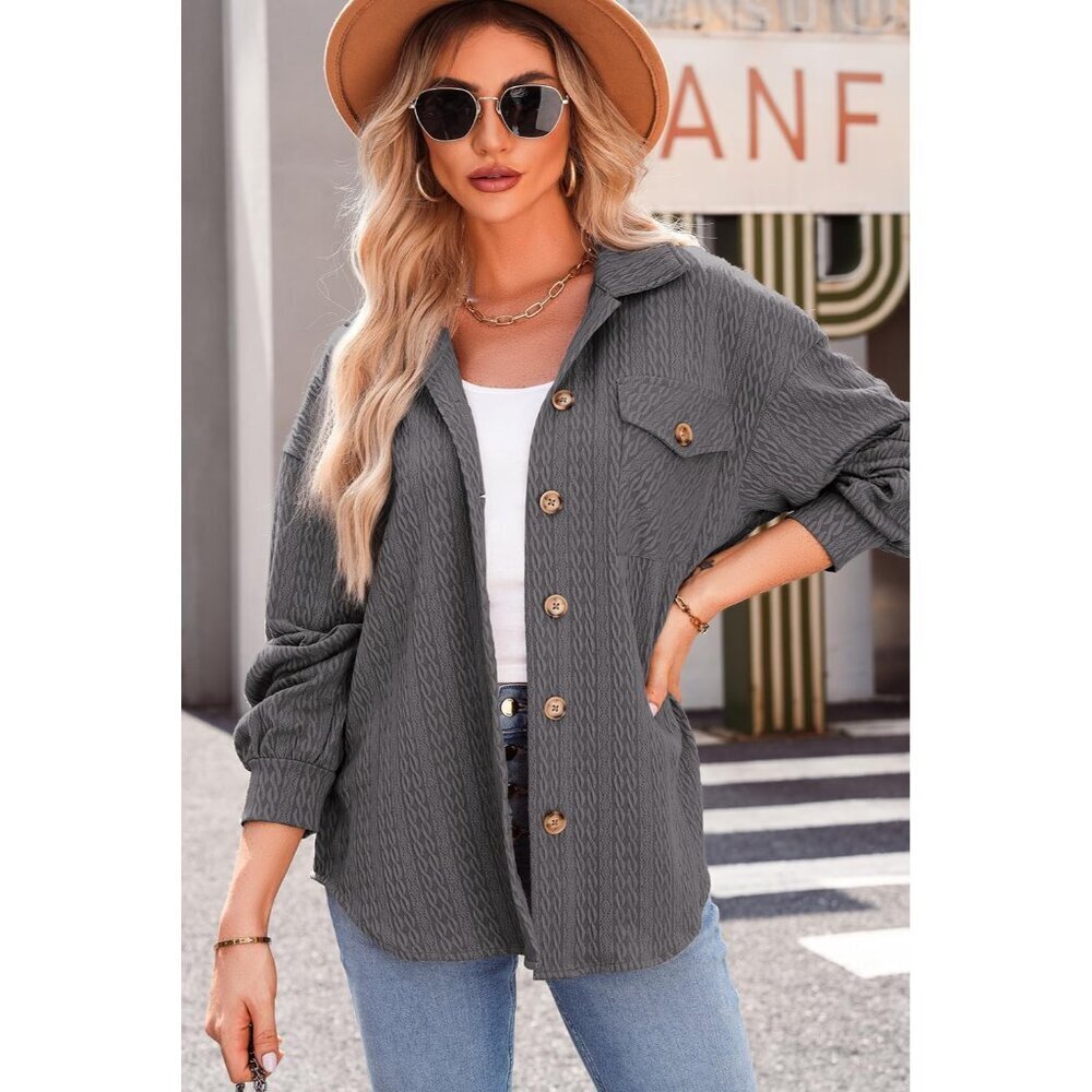 Women's Cable Knit Shacket Light Weight Button Down Long Sleeve Casual Oversized - Picture 4 of 5